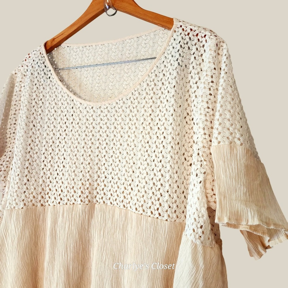 Mesh Gauze Mixed Media Flowy Top 3X Plus Boho Soft Flutter Sleeve Resort Beach - Picture 3 of 4